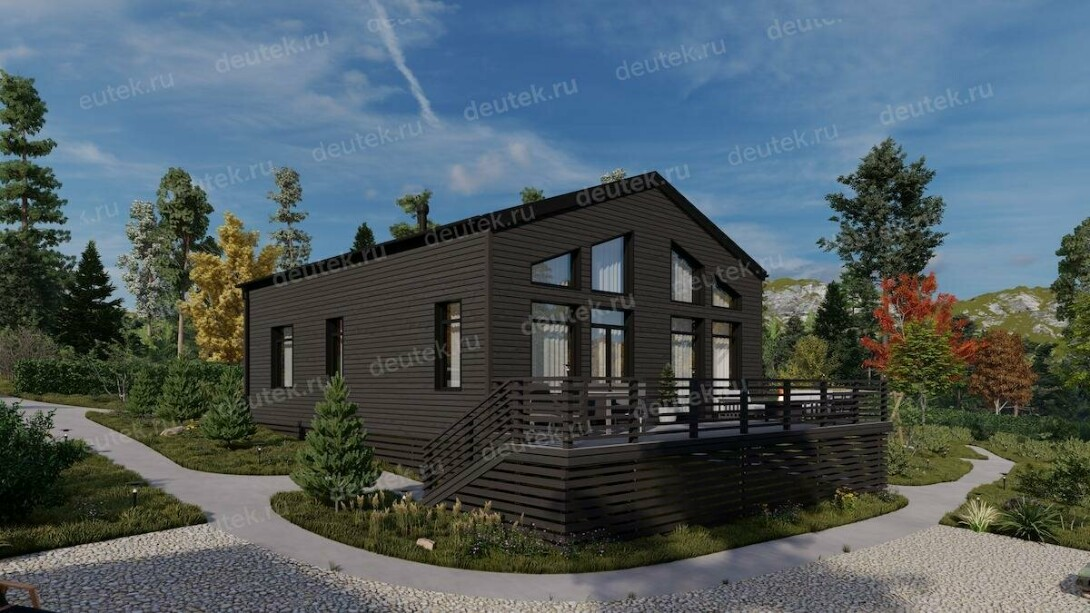 Внешний вид дома со стороны потенциального правого и заднего фасадов. Источник изображения: Дзен-канал "DEUTEK - проектирование домов"
