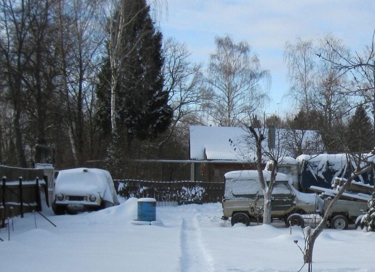 Угол нашего участка перед гаражом, на котором три Луаза и грузовик. Фото автора