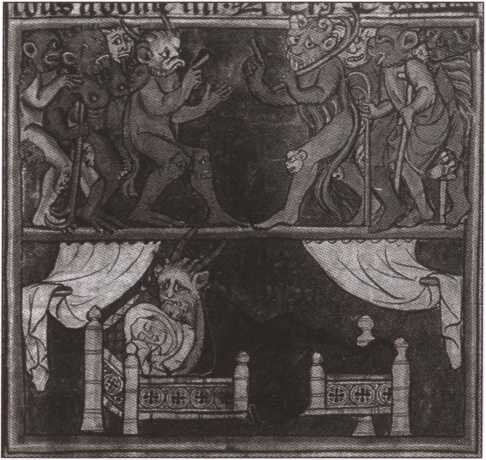 Совещание демонов и зачатие Мерлина. Иллюстрация к роману Робера де Борона «Мерлин». Мерлин - легендарный маг, чародей и советник короля Артура был зачат монахиней, соблазненной ночным демоном.