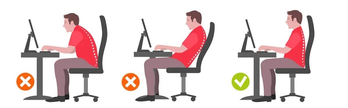    А на этой картинке показано, какое положение спины недопустимо — если сидеть в первых двух позах, боли в теле не избежать