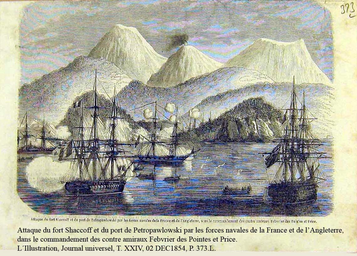Первый обстрел Петропавловска. Современная гравюра из французского журнала.