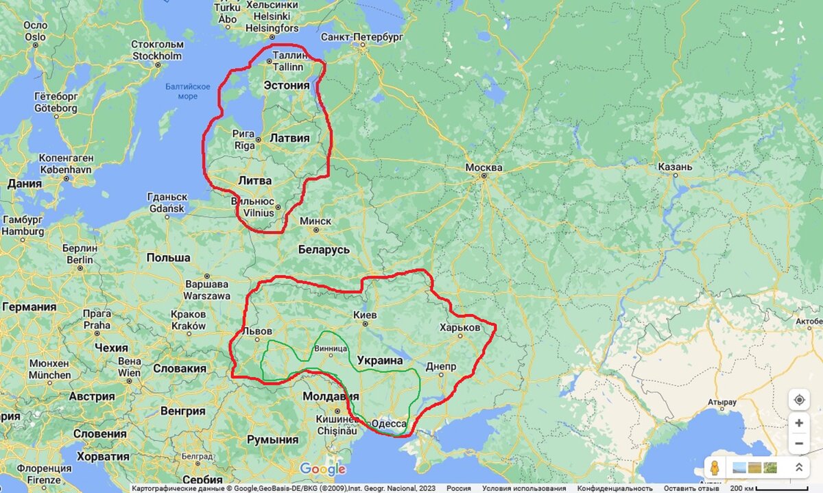 В проекции Меркатора (красным обведена проданная площадь - Прибалтика с островами и Украина). Но и в сравнимом масштабе ситуация не выглядит выигрышной для Украины, скорее катастрофичной (обведено зелёным)