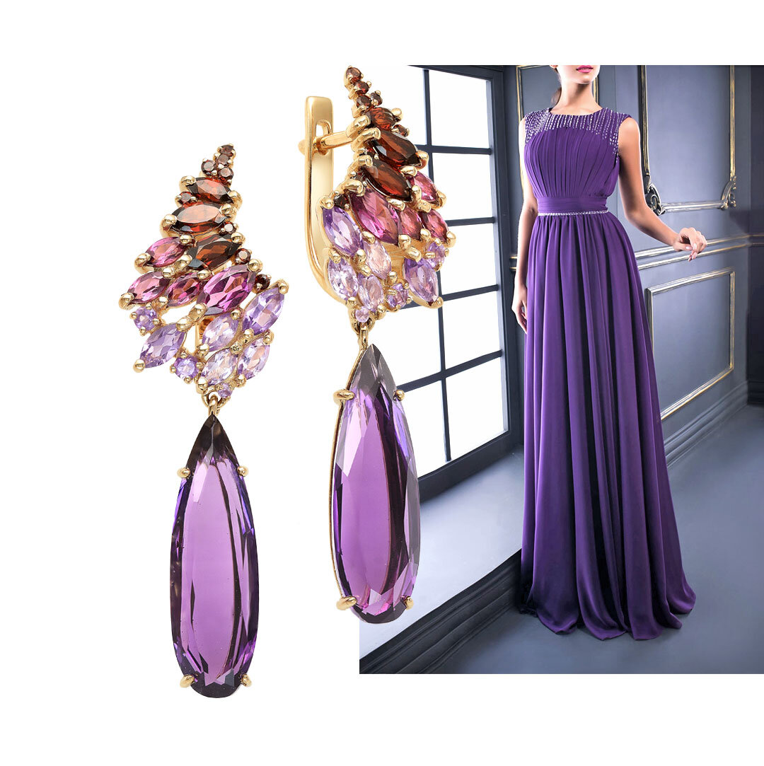 Серьги из красного золота с аметистами, гранатами и родолитами(арт. С120-2358М7) Цена: 80. 990 ₽