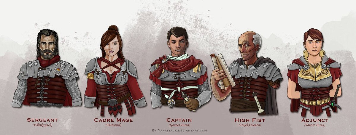 Доспехи малазанской армии: сержант (Скворец), кадровый маг (Рваная Снасть), капитан (Ганос Паран), Первый кулак (Дуджек Однорукий), адъюнкт (Тавор Паран).