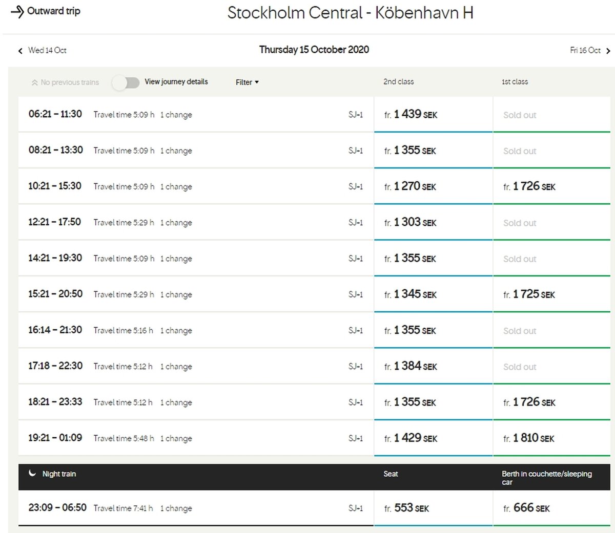 поезда из Стокгольма в Копенгаген, ночной поезд в самом низу списка, цены в шведских кронах
