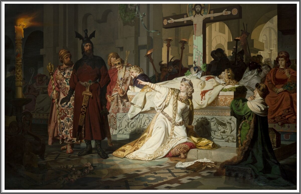 «Кримхильда обвиняет Хагена и Гюнтера в смерти Зигфрида» (1881) Эмиля Иоганна Лауффера