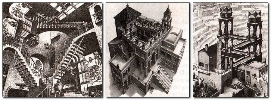 Так что в нем, в Эшере? Чтобы это понять, достаточно взглянуть на его картины. Но не просто взглянуть, а смотреть долго, вдумчиво, пытаясь представить себя внутри изображения. Ведь это так легко на первый взгляд: относительно несложная графика, серенькая цветовая гамма, трехмерное пространство. Стоп! Вот тут и начинается самое-самое то, что может свести человека с ума. Нет такого пространства! Есть, утверждал художник. Вы его видите, значит, оно есть. Но если человек заурядный только попробует последовать за монахами в гравюре «Восхождение и спуск», рискнет мысленно пожить в «Доме лестниц» или окунуться в «Водопад», то он почувствует, как постепенно лишается рассудка. 
Странные игры

А вот что говорил о своем творчестве сам Эшер: «Все мои произведения — это игры. Серьезные игры. Все, что я делаю, — это игра. Я просто пытаюсь сложить маленьких зверушек вместе, я не нахожу, что это легко, но получаю невероятное удовольствие, находя способ соединить их. Меня забавляют все вопросы, которые возникают, когда я работаю. Эти вопросы дразнят меня, и мое самое большое удовольствие — это понять, о чем они, а затем найти ответы на них. Потом я делаю оттиск, чтобы другие смогли разделить мою радость».