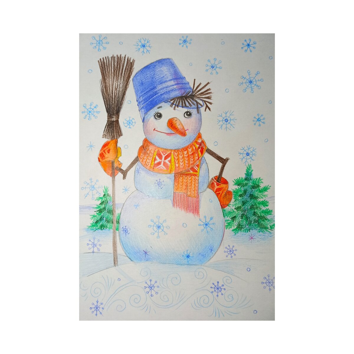 Рисунок снеговика карандашом цветной