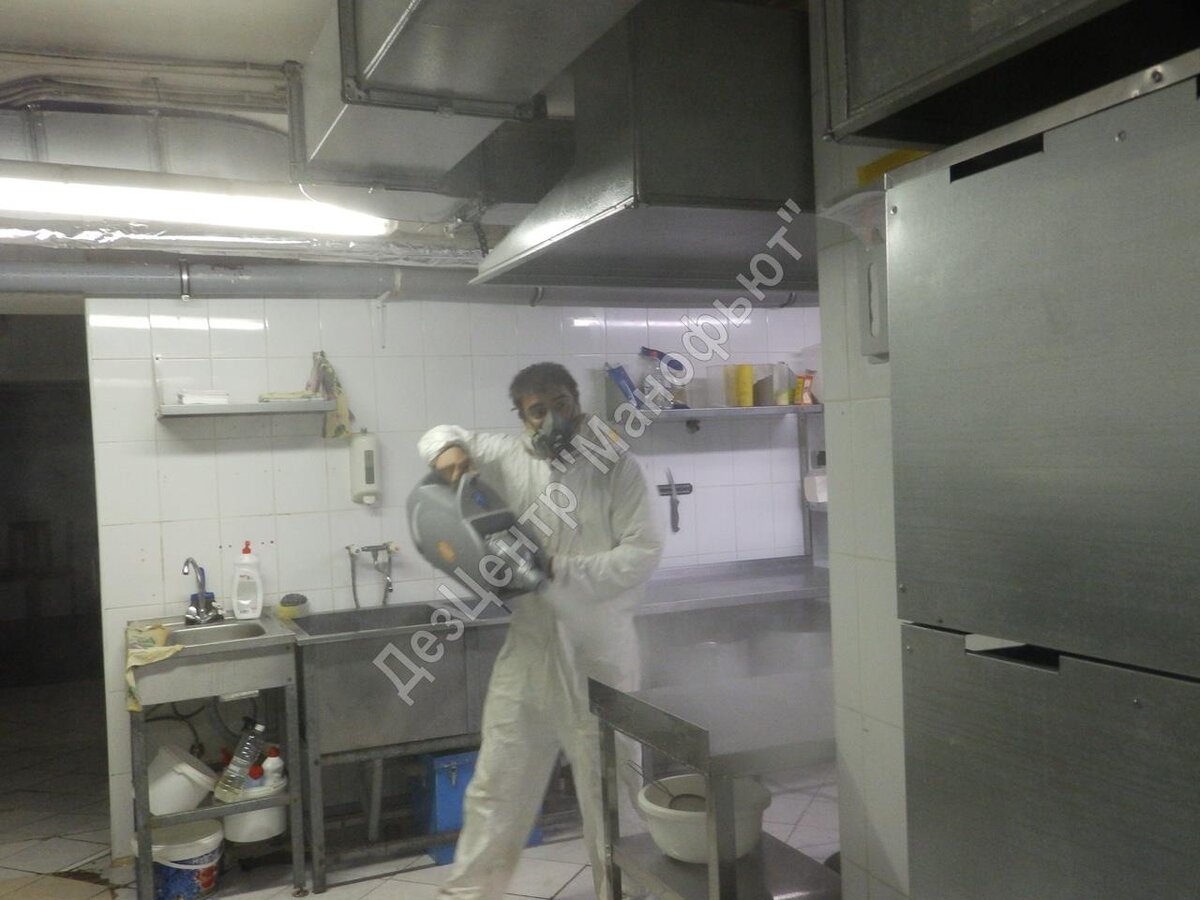 Обработка кухни ресторана, с использованием генератора холодного тумана.