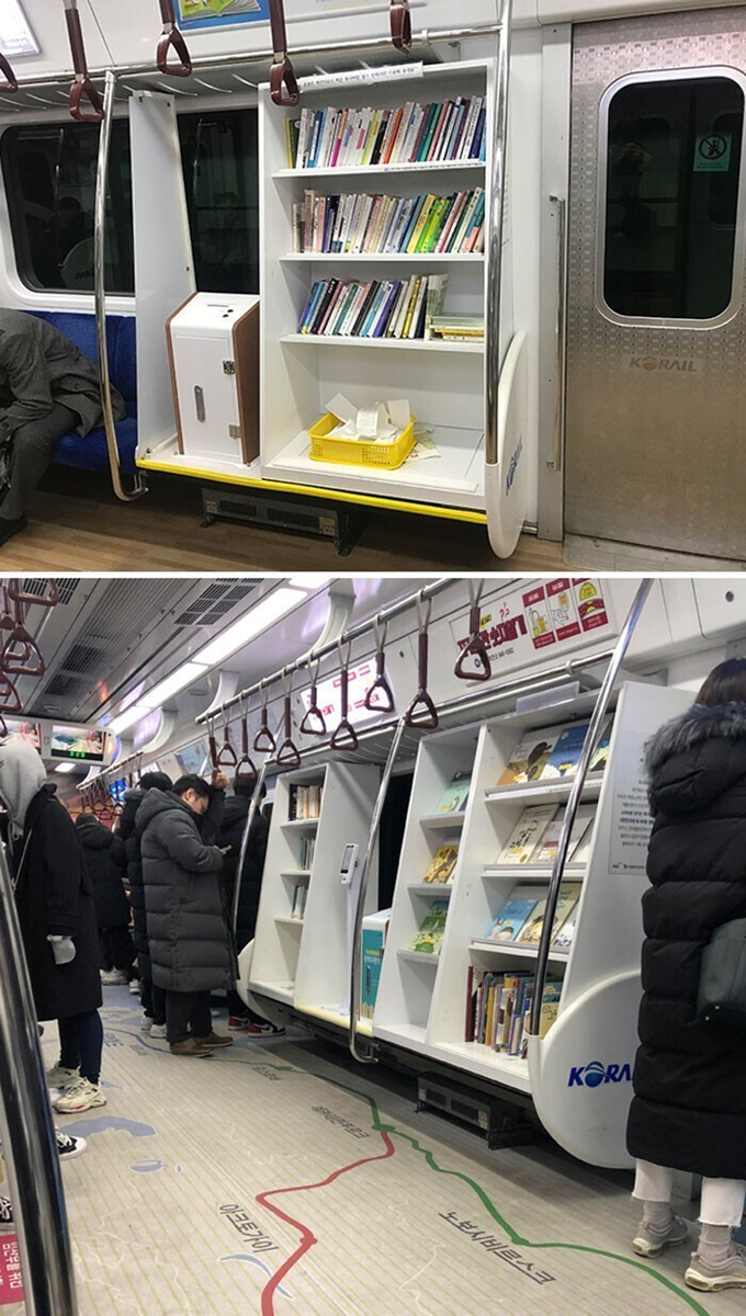 Библиотека в вагоне метро.     Источник: boredpanda.com