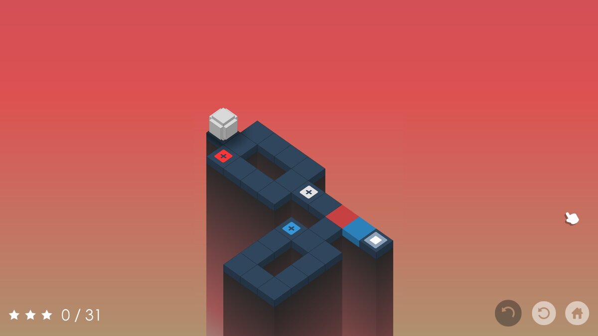 В начале каждого уровня все грани куба — белые. Но это буквально до первой клетки с крестом, обозначающим добавление цвета.