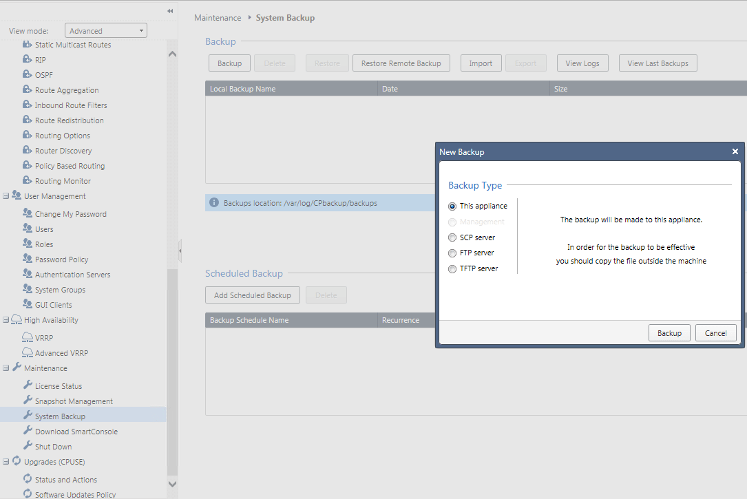 Рисунок 1. Создание бэкапа в Gaia Portal