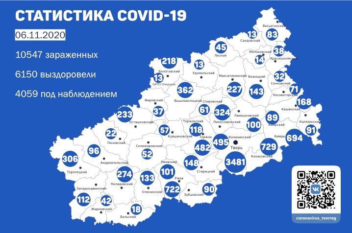 Карта распространения коронавируса в Тверской области на 6 ноября 2020 года