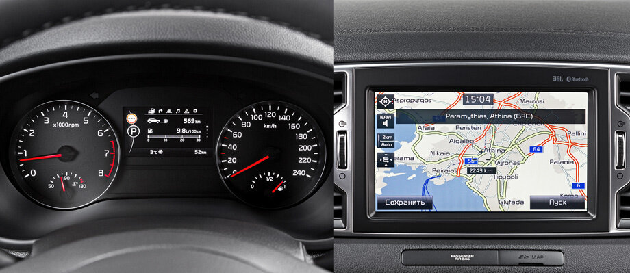 Контрастная приборная панель хороша, но вокруг дисплея борткомпьютера много пластмассы. Центральный 8-дюймовый сенсорный экран, навигация с «пробками» и аудиосистема JBL — прерогатива версий Premium и GT-Line Premium. В машинах попроще — «музыка» с монохромным экранчиком на 3,8 дюйма или мультимедийная система с семидюймовым дисплеем.