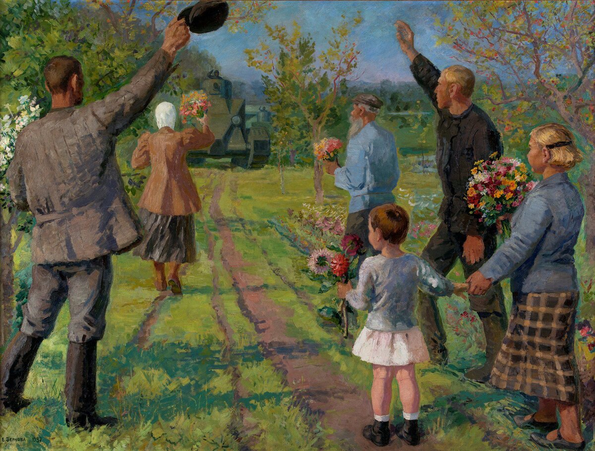 Е.С.Зернова, «Колхозники приветствуют танкистов на маневрах», 1937 г.