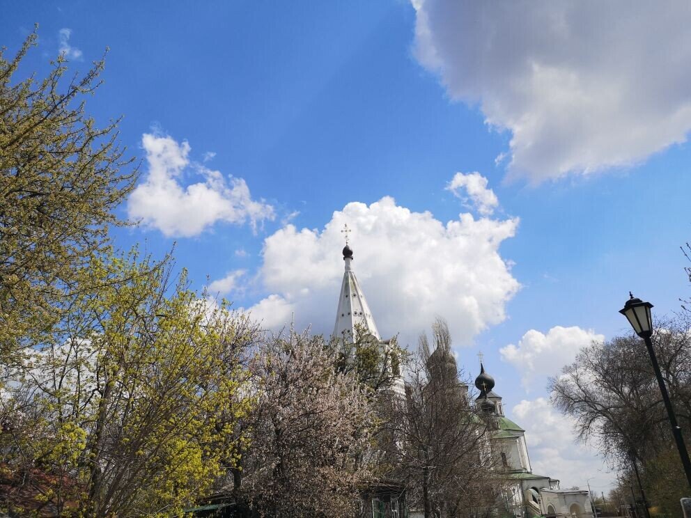 За кронами цветущих деревьев виднеется Воскресенский войсковой собор, самый древний храм Юга России(дата постройки 1719г.) Станица Старочеркасская Ростовской области.