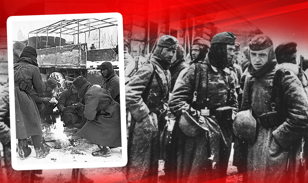 Справа: Замёрзшие гитлеровцы под Москвой в 1941 году