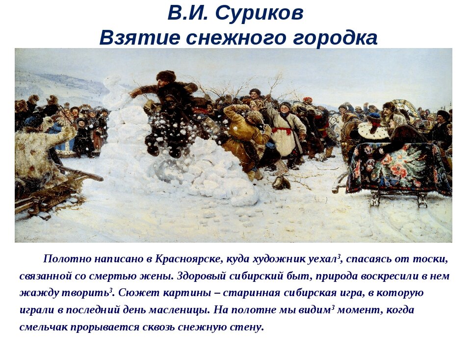 В каком году суриков продал картину. Сурикова взятие снежного городка. Картина Василия Ивановича Сурикова «взятие снежного городка».. Суриков снежный городок. Взятие снежной крепости Суриков.