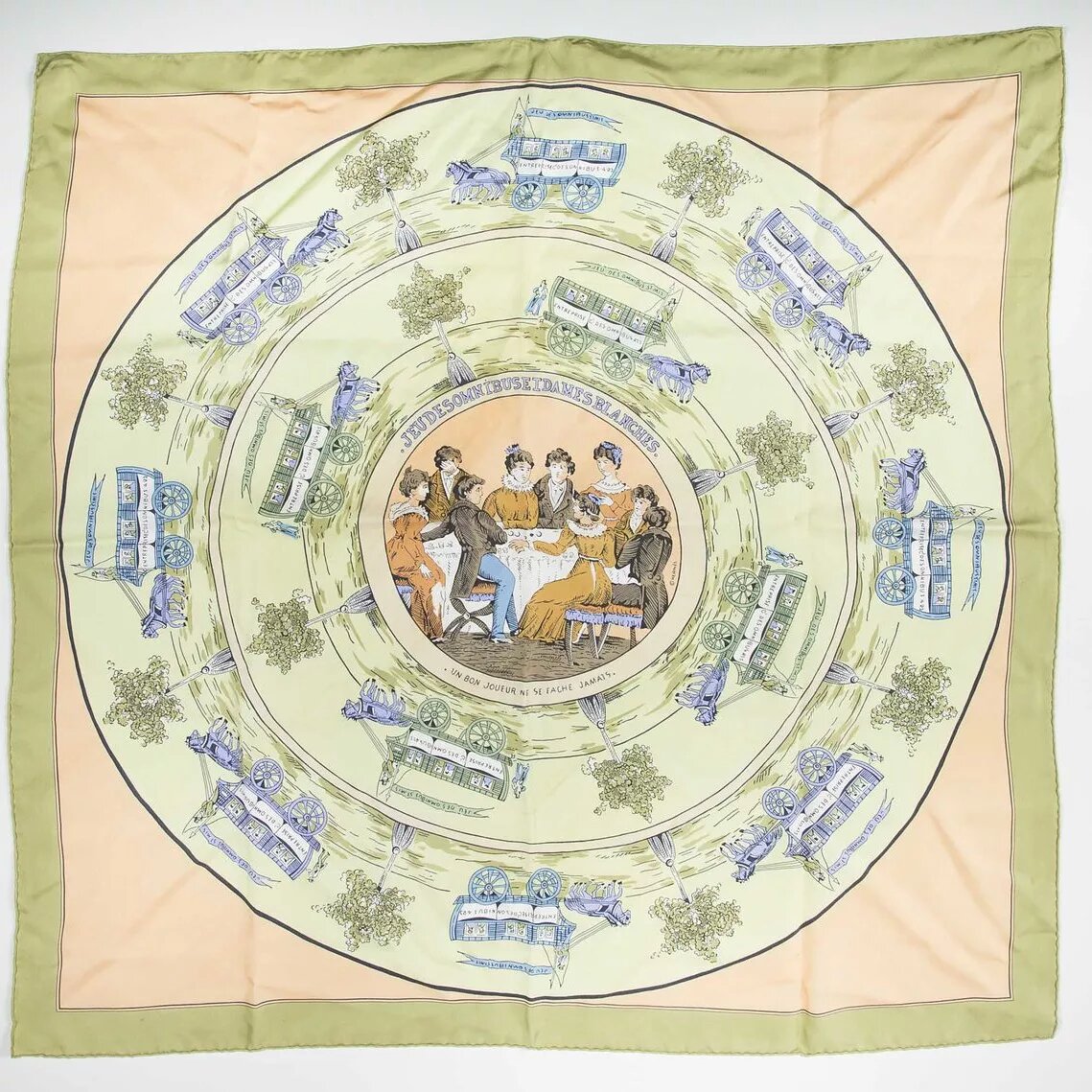 Jeu des Omnibus et Blanches (Игра в омнибус и белые дамы). Первый платок дома Hermes. Выпущен в разных цветовых оттенках. 