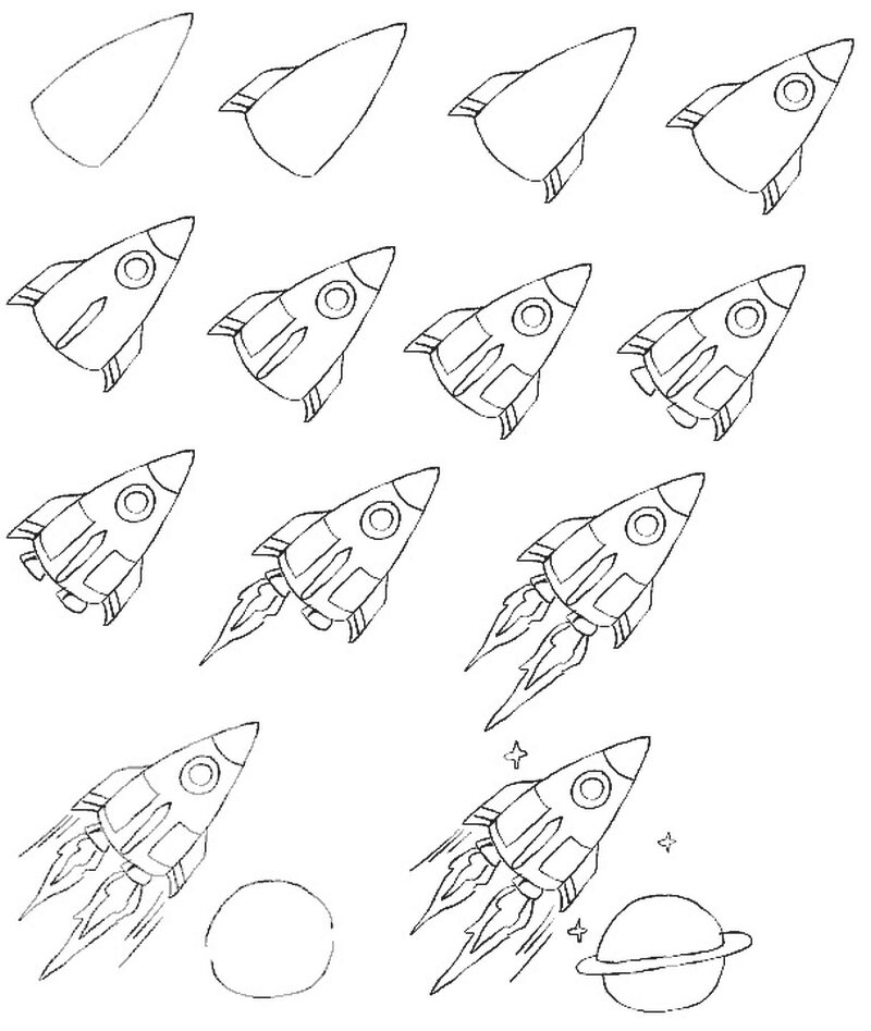 Ракета поэтапно для детей. Поэтапное рисование ракеты. Поэтапное рисование ракеты для детей. Рисование ракета для дошкольников. Ракета в космосе рисунок.