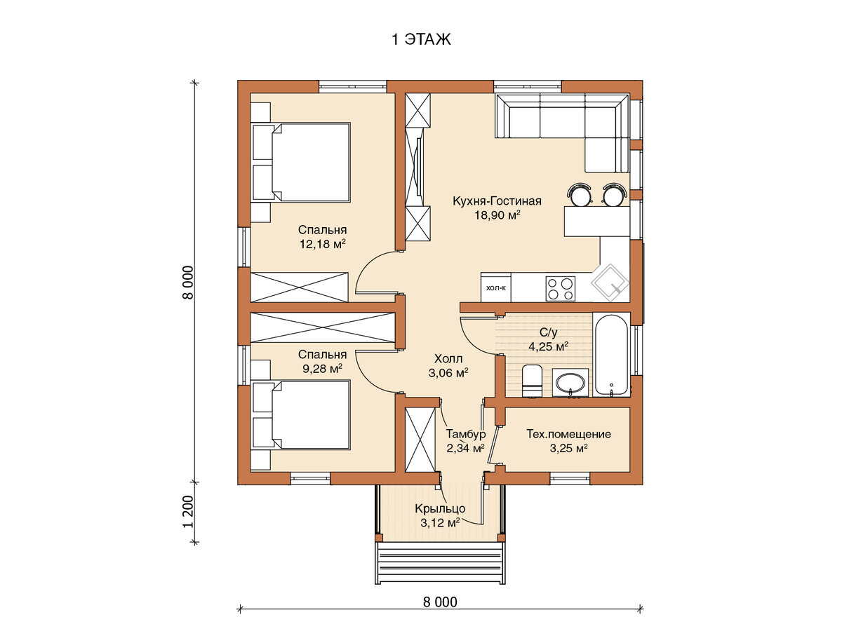 Планировка одноэтажного дома «Хельсинки» (64 м2). Источник: https://goroddomov.ru