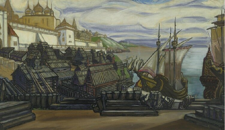 Сергей Юрьевич Судейкин. Пристань в Новгороде. Эскиз декорации к опере НА Римского-Корсакова Садко. 1930 год Источник: http://novgorodcivilization.ru/?page_id=675