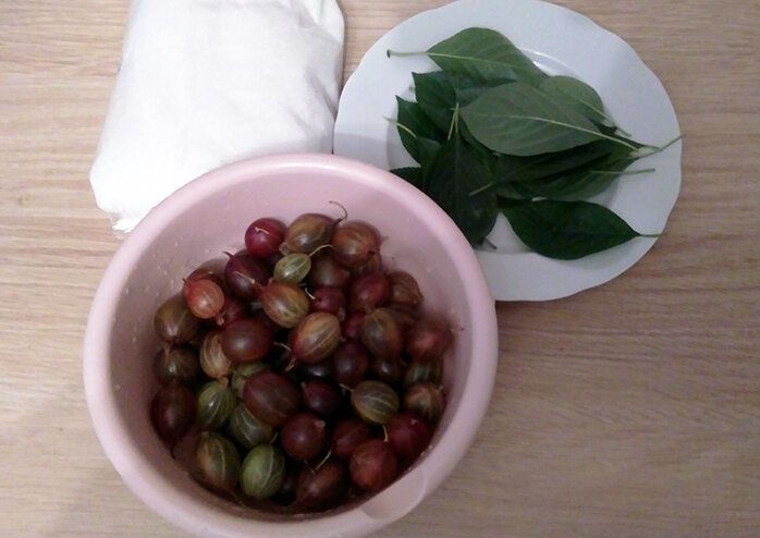 Нужны крыжовник, сахар и листья вишни.