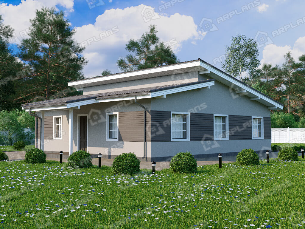 Фото 1 одноэтажного дома из газобетона с 3 спальнями, газовой котельной и террасой. Общая площадь до 150 кв м. Источник arplans.ru Проект К-340