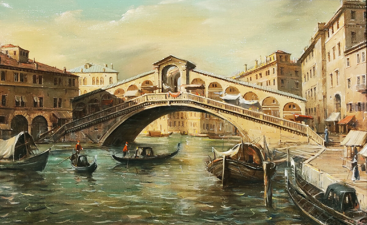 «Большой канал. Мост Риальто. Венеция» Михаил Казаковцев, Холст, масло, размеры 49х79 см., 1995г.
