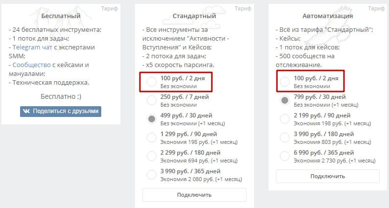 Приятные цены и гибкие тарифные планы. У ТаргетХантер есть бесплатный тариф, в рамках которого вам доступны 24 функции и 1 поток задач. Кроме этого, вы можете покупать как отдельные опции, так и тарифные планы, включающие все необходимое. Особенно радует возможность купить любой тариф за 100 рублей на два дня – чтобы попробовать возможности, или если вам нужен функционал «всего на 5 минут».
