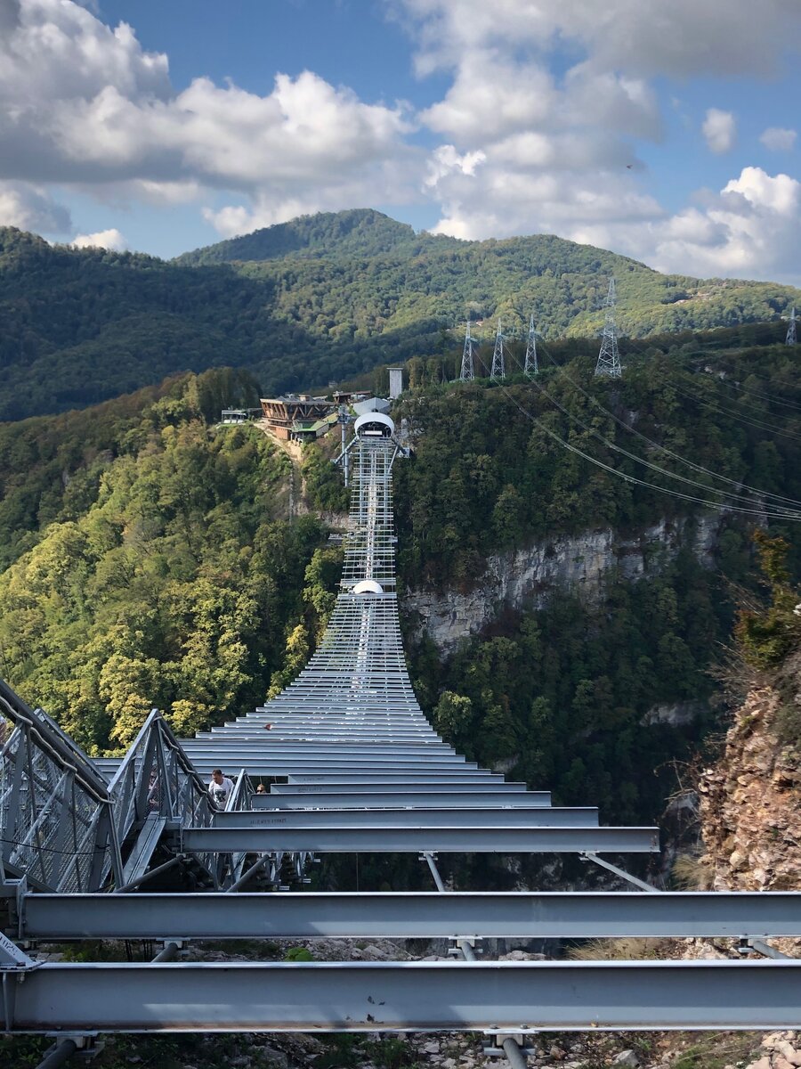 Вид на самый длинный пешеходный подвесной мост в России SkyBridge