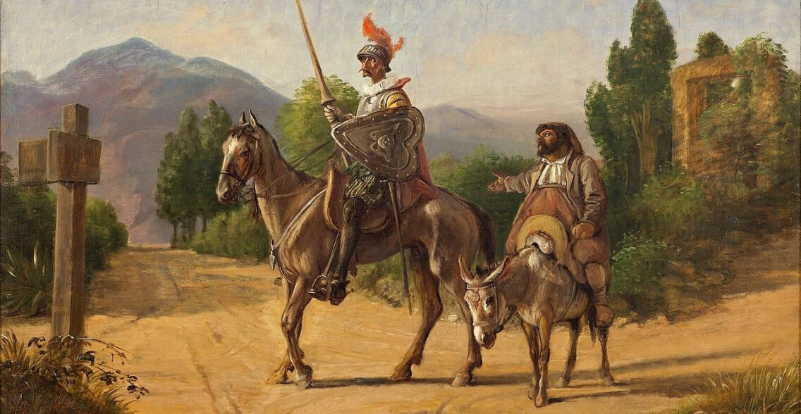 Дон Кихот и Санчо Панса. Рисунок персонажей романа "Хитроумный идальго Дон Кихот Ламанчский"