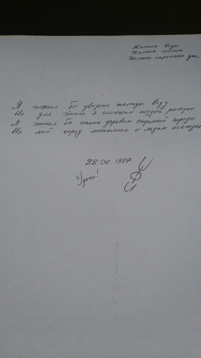 В.Цой, побывав в г.Жёлтые Во́ды (город в Днепропетровской области Украины), оставил такую запись-автограф местному фоторепортеру. 