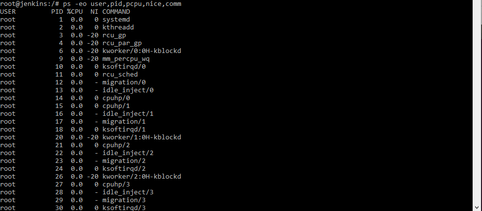 ps -eo user,pid,pcpu,nice,comm 
