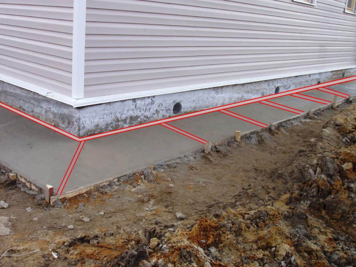 Бетонная отмостка. Уборка снега с крыш в деревне. Очистка отмостки здания. Расчистить снег на участке. Отмостки очищенные от снега.