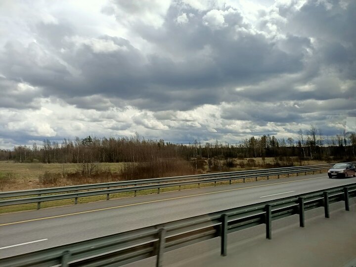 За окном автобуса тяжелые тучи, поля, перелески. Фото автора.