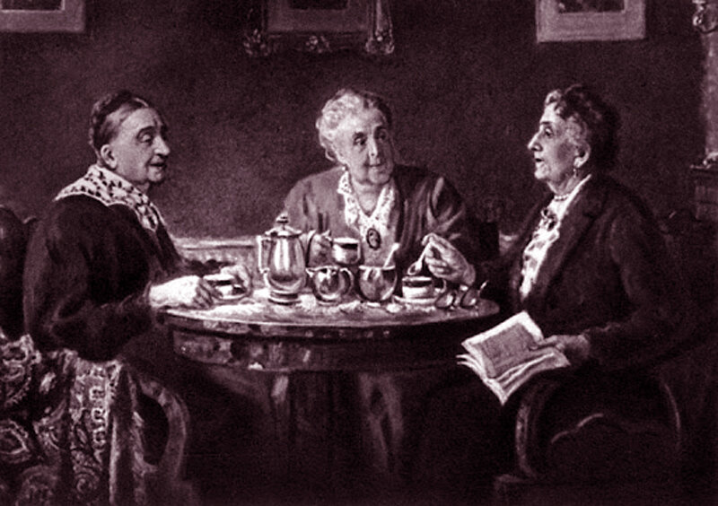 Художник Александр Герасимов, картина "Портрет народных артисток СССР А. А. Яблочкиной, Е. Д. Турчаниновой, В. Н. Рыжовой", 1957 год.  Это, конечно, изначально живопись маслом, но сохранилась только фотография.