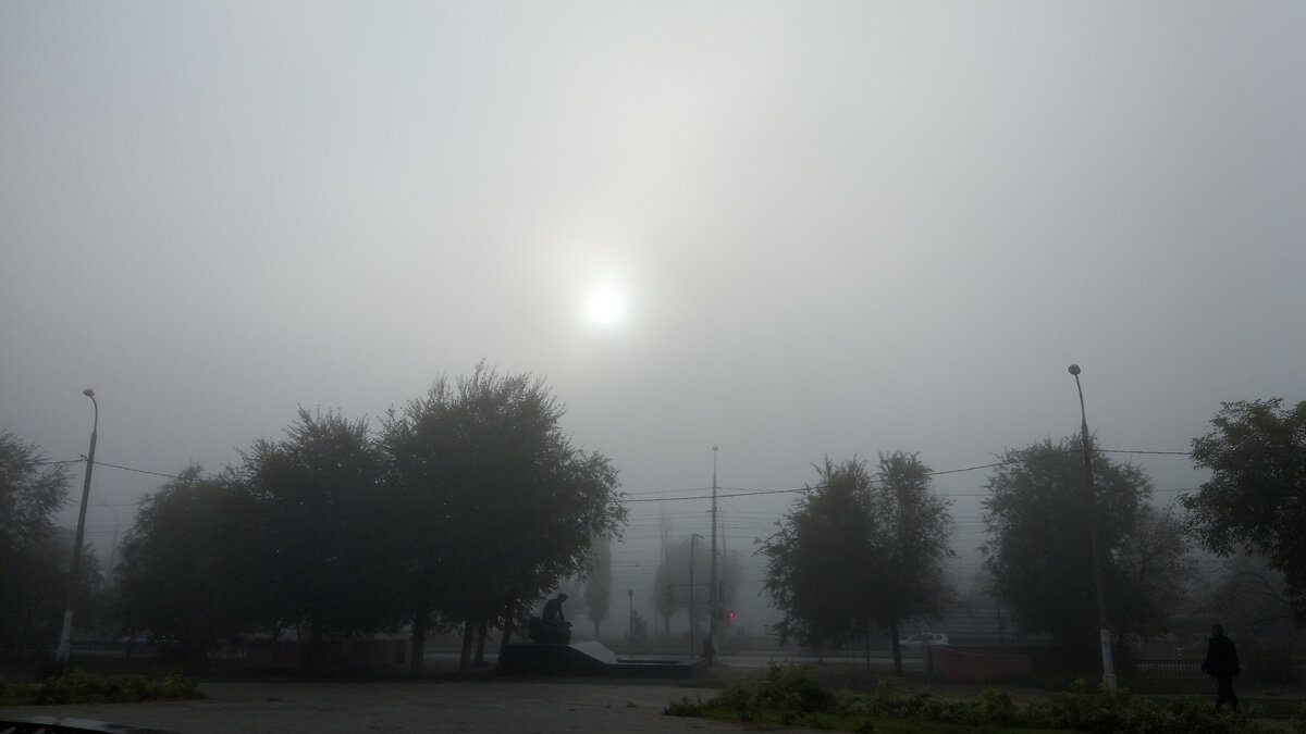 Солнце еле видно через мглу тумана