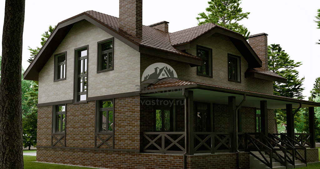 Проект дома 250 м2 на 2 семьи из кирпича с мансардой, крыльцом и террасой - 102-34