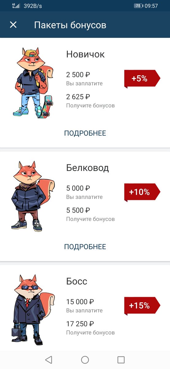 Пакеты бонусов. 