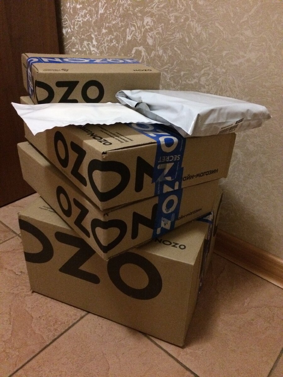 Вот такие 4 коробки и 2 полиэтиленовые упаковки были мне доставлены курьером с моим недавним заказом, сделанным в интернет-гипермаркете Ozon.ru