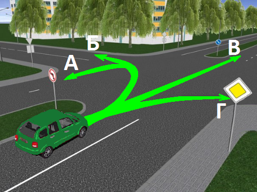 Вспомните ПДД. Разбираемся, по каким из указанных траекторий разрешено продолжить движение водителю зеленого автомобиля