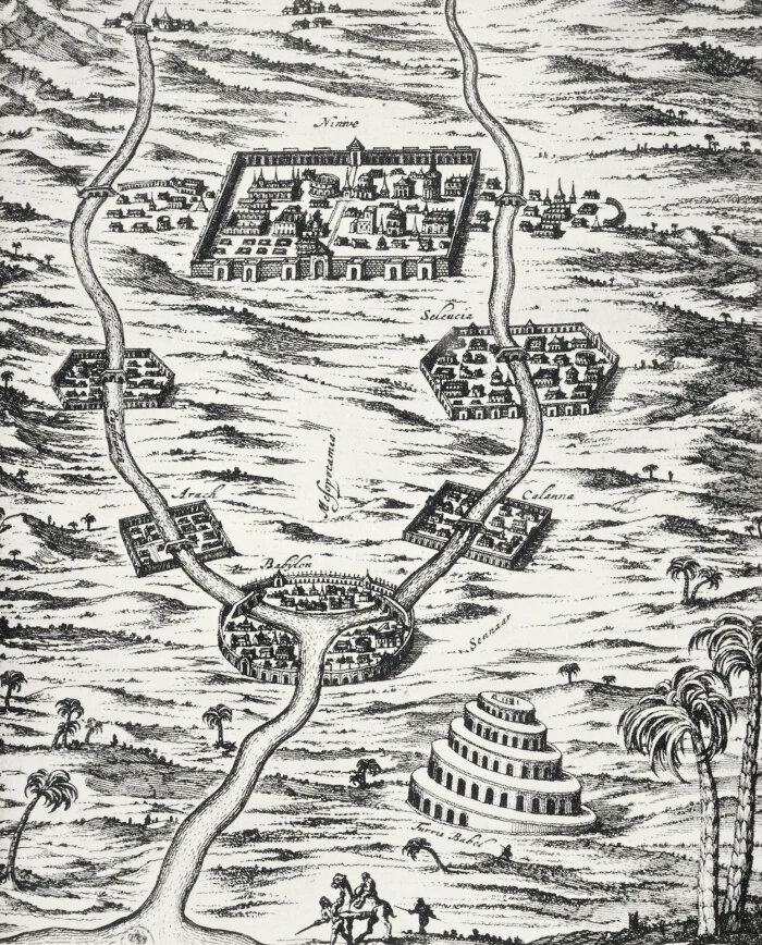 Карта 17 века с изображением Месопотамии и Вавилонской башни.