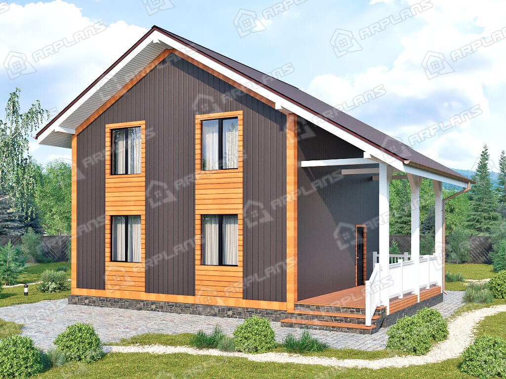 Фото 1 двухэтажного каркасного дома с мансардой, 2 спальнями и террасой. Площадь 130 кв м. Источник arplans.ru Проект И-014