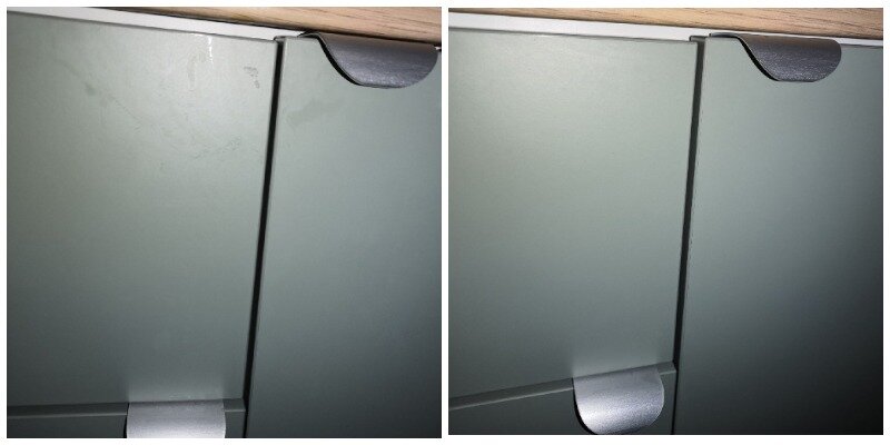 Пятна на кухонном фасаде убрались полностью. Просто протерла поверхность смоченной в воде меламиновой губкой