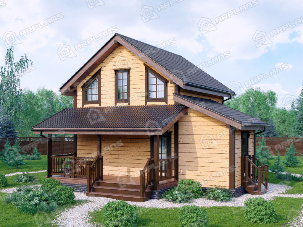 Фото 1 двухэтажного каркасного дома с мансардой, 3 спальнями и террасой. Полезная  площадь 70 кв м. Источник arplans.ru Проект И-063