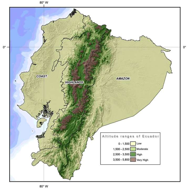 Карта Эквадора с распределением по высотам.