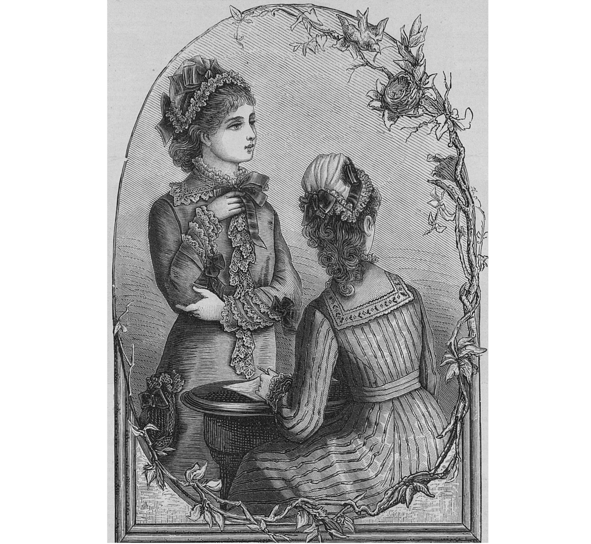 Иллюстрация с капотами и чепцами с бантами из журнала "Модный свет", 1878.