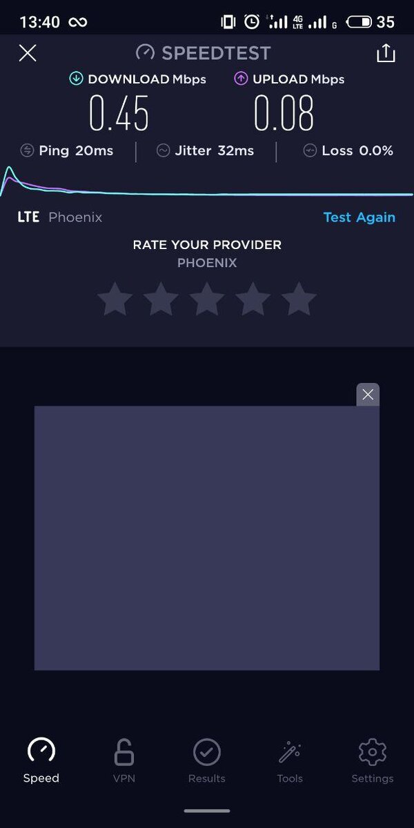 Скриншот из приложения Speedtest. Используется оператор Феникс, г. Горловка.