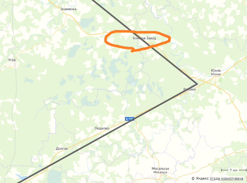 Рисунок Автора на основе Яндекс-Карты: продвижение немцев до Юхнова и разворот через Климов Завод